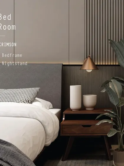 A closer look at the Crimson Bedframe and Nightstand. The clean lines and combination of fabric and wood are hallmarks of this collection, designed to bring timeless elegance to your bedroom.