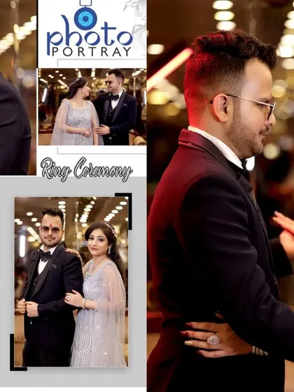 A sophisticated album layout for a ring ceremony, combining candid moments and formal portraits with elegant design elements.