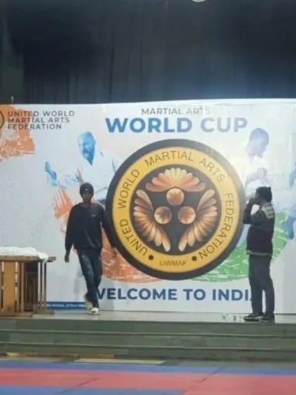 The main stage being set up for the Martial Arts World Cup. Welcome to India.