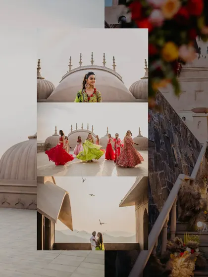 A vibrant Mehendi party on the rooftop of a Jaipur palace. The colorful lehengas and joyful dancing against the historic domes create a stunning visual.