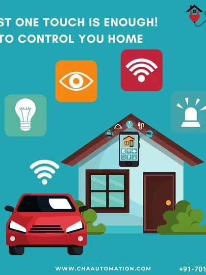 One touch is all it takes to control your entire home. This graphic illustrates how a single point of contact, your smartphone, can manage security, lighting, and connectivity for your house and vehicle.