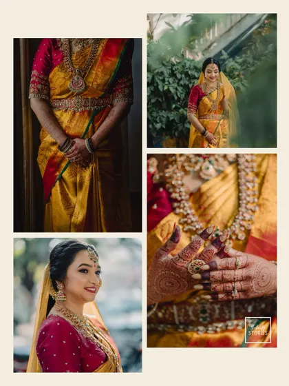 A collage of bridal portraits, showcasing different angles and details. It highlights her smile, her jewelry, her henna, and the overall elegance of her look.