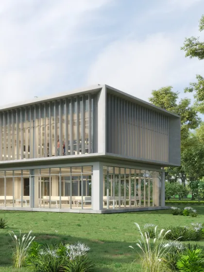 A rendering of the JSW Kalmeshwar building, showcasing its clean lines and integration with the green landscape. The north-south orientation capitalizes on natural light while reducing heat gain.