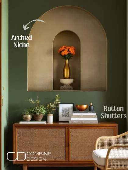 This annotated image points out the key features: the soft arched niche and the woven rattan shutters. These elements work together to create a look that is both timeless and contemporary.
