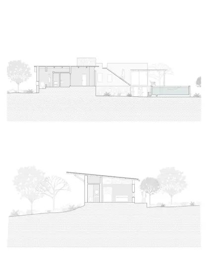 Architectural sections of Pavilion House, as published in The Architect's Diary, illustrating the home's relationship with its sloping site.