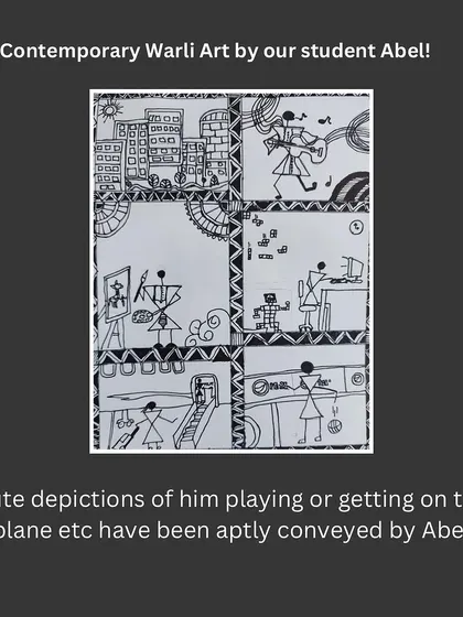A cute contemporary depiction of modern life by our student Abel, showing scenes of playing and getting on a plane in the Warli style.