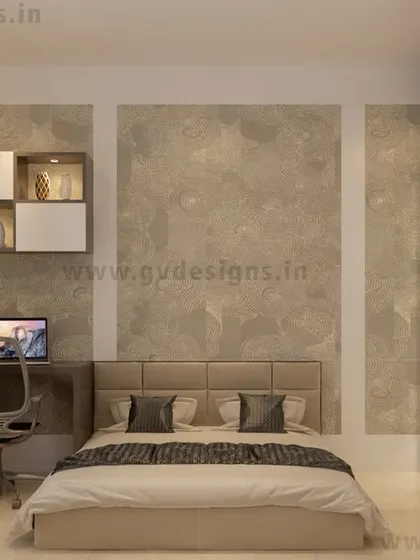 This bedroom design uses a textured wall paint to create a subtle, panel-like effect. The space includes a compact study table with open shelving and a wardrobe that combines dark wood tones with glossy white shutters.