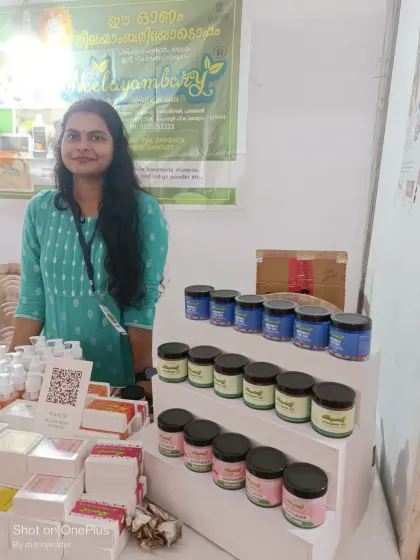 This is me at the Onam festival market in Malappuram. Being able to meet you all and share my handmade products directly is a special feeling. Neelayambary is a small, home-based business, and your support means the world to me.