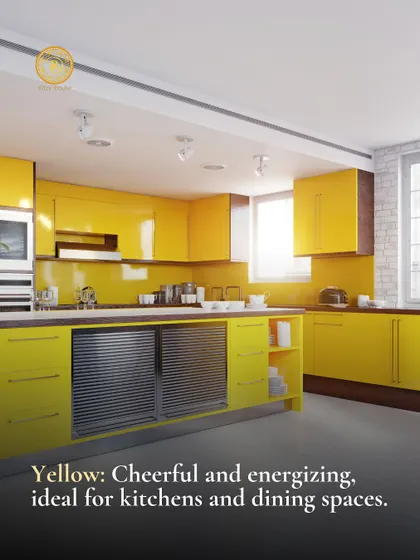 Yellow is cheerful and energizing, ideal for kitchens and dining spaces. A vibrant, glossy yellow kitchen.