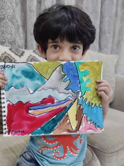 This student's abstract piece, created in a sketchbook during an online class, is full of energy and imaginative shapes.