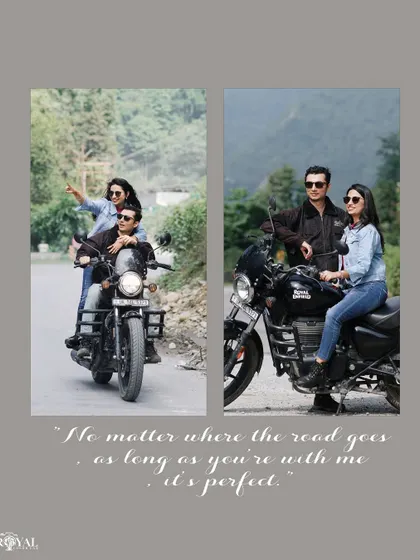 A diptych capturing the joy of a road trip, with a couple riding and posing with their Royal Enfield.