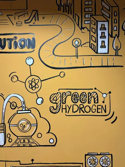 A close-up of the "Green Hydrogen" section of the doodle mural, showing the detailed line work and typography.