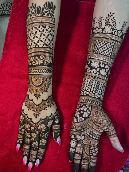 A side-by-side comparison of two different but complementary back-hand bridal designs, showcasing my versatility with patterns, from geometric grids to floral mandalas.
