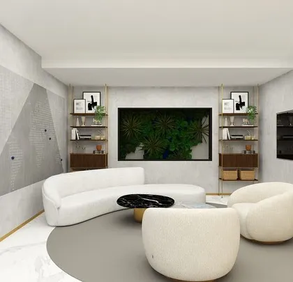 Another angle from the same rendering, showing the complete seating arrangement and how the different elements like the living wall, shelving, and furniture come together to create a cohesive and sophisticated space.