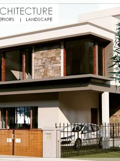 A 3D render of a contemporary villa, showcasing a design that balances open, airy spaces with privacy. The use of stone cladding on the facade adds a natural texture that contrasts with the clean, modern lines of the house plan.