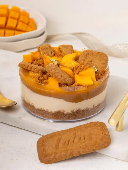 A mango and Biscoff tub dessert, a trendy combination styled to look absolutely irresistible.