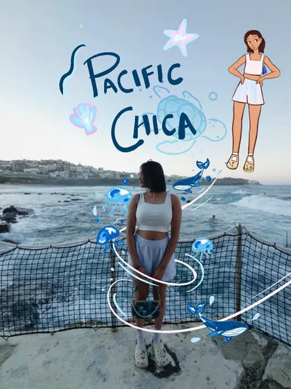 Your 'Pacific Chica' is here. This piece combines a photo with a full cartoon version of the outfit, plus lots of cute sea-themed doodles to complete the vibe.