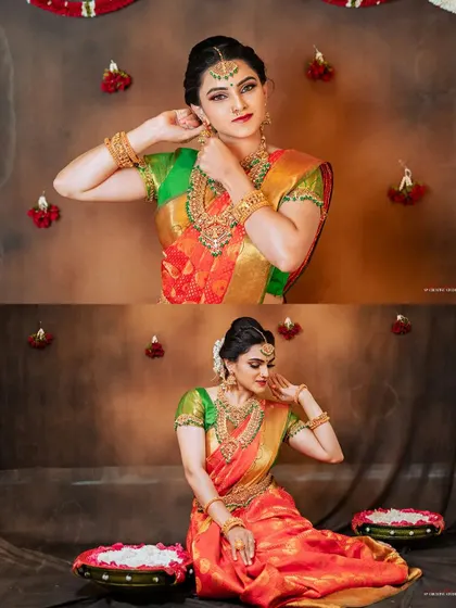 A model showcasing a gorgeous red and green bridal saree during a creative studio session.