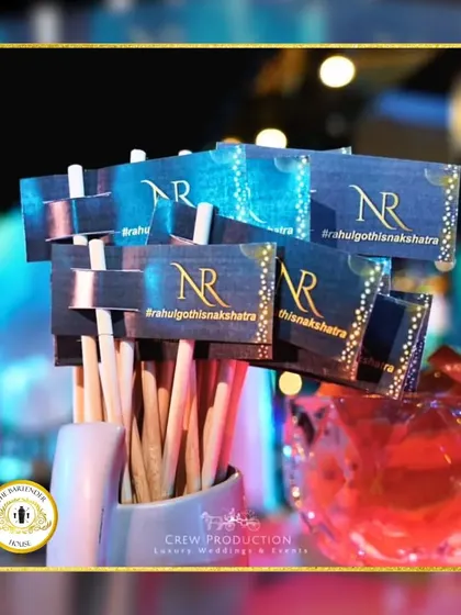 Personalized couple tags for the wedding of Rahul and Nakshatra. These small details make each drink special and serve as a wonderful keepsake for guests.