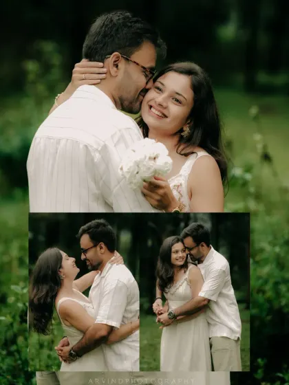 A collage of a couple's romantic moments in a lush, green setting, capturing their intimacy and happiness.