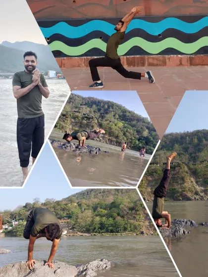 A collage showing our instructor practicing yoga by the sacred Ganga river in Rishikesh. The heart of our practice is 'abhyasa', the steady, dedicated effort to walk the path of yoga.