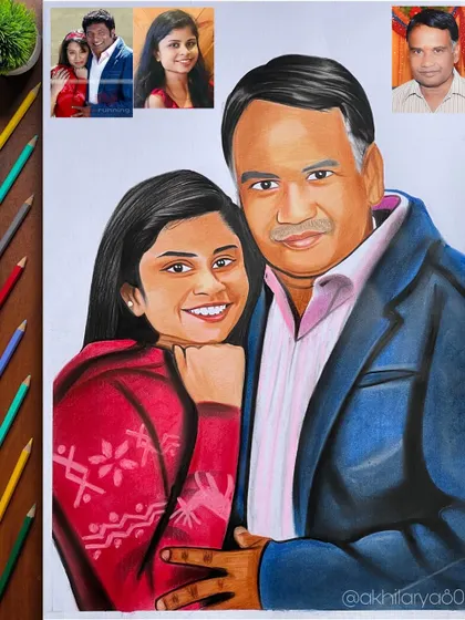 In this A3 colored pencil drawing, I combined multiple reference photos to create a portrait of a father and daughter. This is a great option if you don't have a single photo of everyone together.