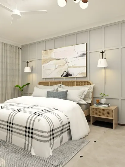 Layering your lighting is a key technique for a cozy bedroom. This room features a central light fixture, wall sconces by the bed for reading, and natural light from the large doors, creating a warm and inviting ambiance at any time of day.