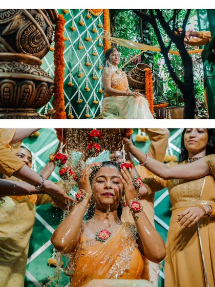 A collage capturing the ritualistic and fun aspects of a Haldi ceremony, with the bride being showered with water.