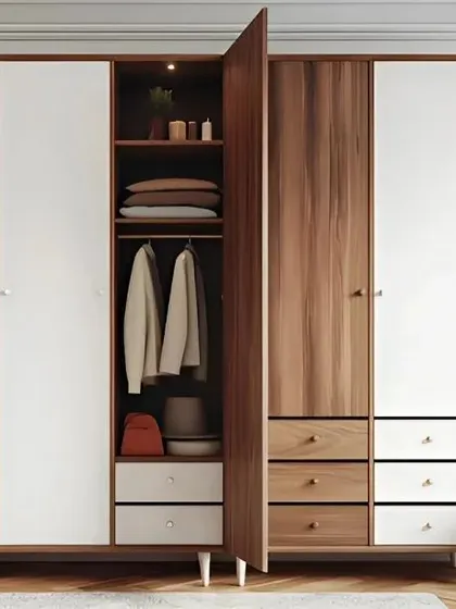 A classic four-door wardrobe with a beautiful wood and white finish. The design includes external drawers, providing a variety of storage options for different types of clothing.