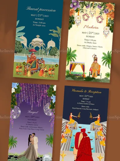 This collage showcases four different event invitations I designed for one wedding. Each card, from the Baraat to the Varmala, has its own unique illustration and color palette while maintaining a cohesive, story-driven style.