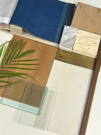Another material palette for the same commercial project, this one featuring different glass textures, woods, and marbles. These mood boards help us and the client visualize the final look and feel.