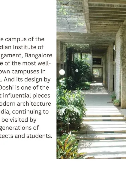 The IIM Bangalore campus, designed by B.V. Doshi, is one of the most influential pieces of modern architecture in India, and it has been our privilege to contribute to its evolution.