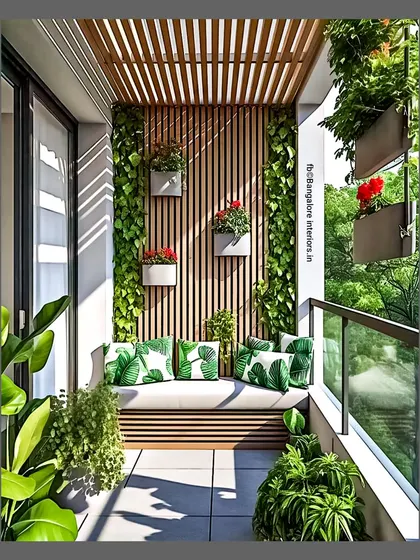 A clean and modern take on a green balcony. The slatted wood accent wall holds simple white planters, while a comfortable bench with botanical-print cushions provides a stylish seating area. The design feels open, airy, and connected to the outdoors.