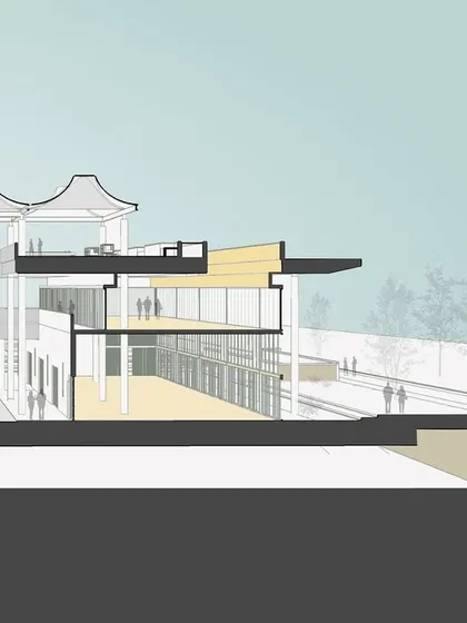 A detailed section focusing on the layered public spaces. The design encourages exploration and interaction by providing a variety of interconnected areas with different qualities of light and enclosure.