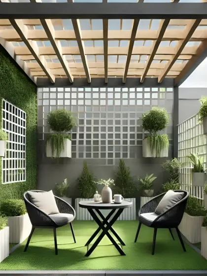 I designed this terrace with a modern pergola and a lush green wall to create a private outdoor lounge. The comfortable seating and mix of textures make it an ideal space for relaxing or hosting friends.