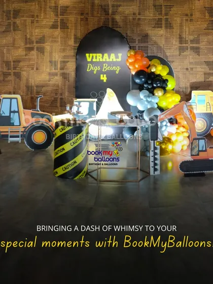 Viraaj digs being four. This construction theme party was a blast, with large cutouts of a dump truck and excavator, caution tape details, and a balloon arrangement in classic yellow, orange, and black.