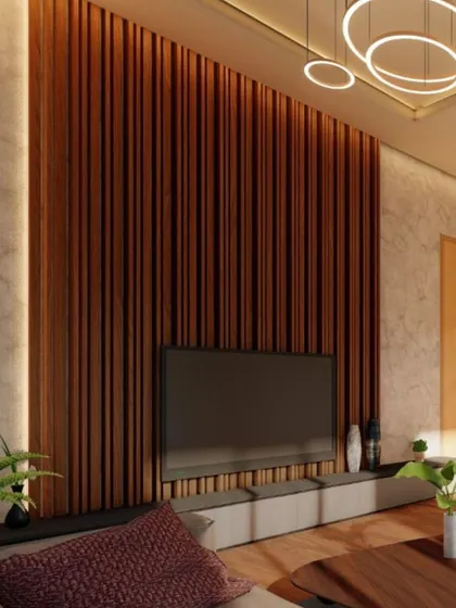 The TV wall is a key focal point in any living room. For this project, I used vertical wooden slats to add texture and warmth, creating a modern and sophisticated backdrop that conceals wiring and integrates seamlessly with the room's design.