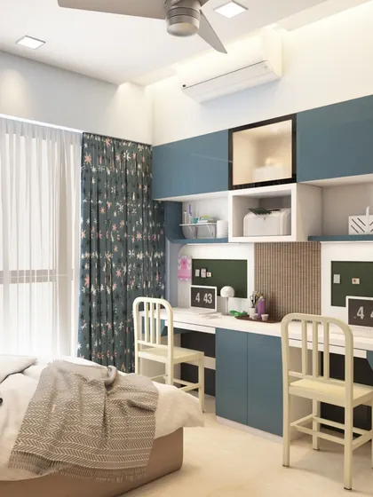 This 3D concept shows a shared study space for two kids within their bedroom. The design ensures each child has their own dedicated desk and storage area.