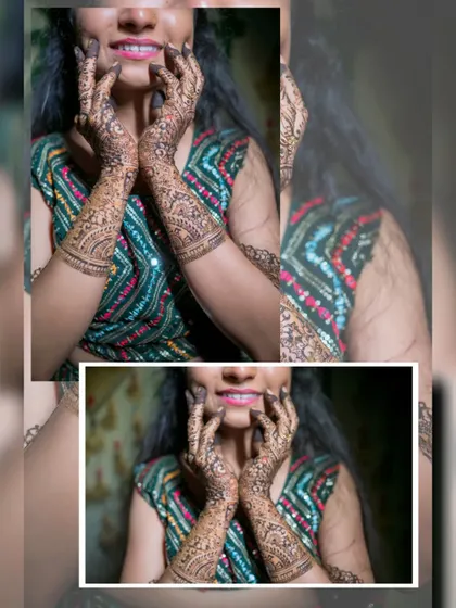 A playful collage of the bride showing off her freshly applied mehendi, her smile as radiant as the intricate designs.