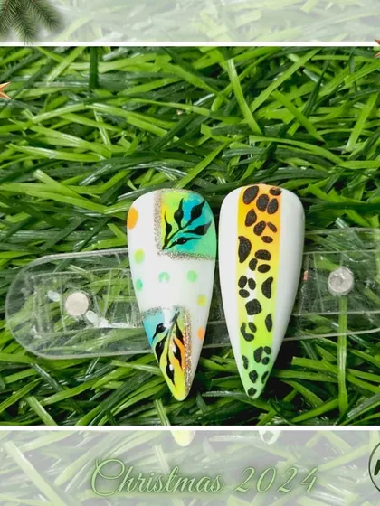 A collection of various nail art designs, from abstract and animal prints to delicate florals and 3D textures, all beautifully framed for the Christmas season.