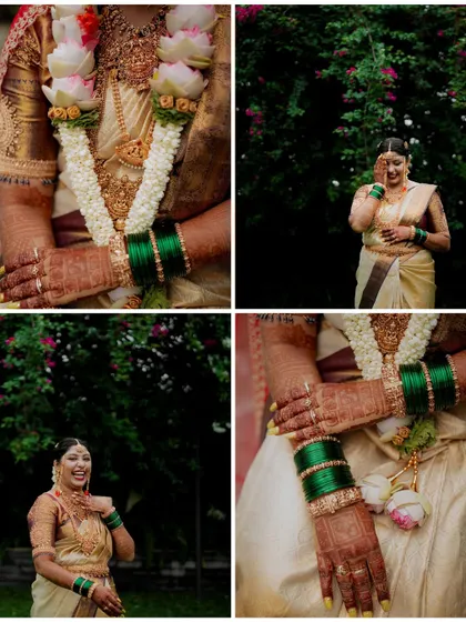 A collage of the bride showing off her intricate henna and beautiful green bangles, capturing the details of her bridal look.