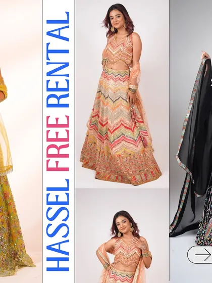A carousel image showing the variety of lehengas available to rent. From a vibrant green to a multi-colored chevron pattern, there's a style for every vibe.