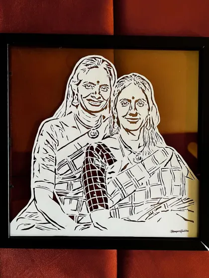 Here is the finished, framed portrait I created for the iconic Carnatic musicians, Ranjani and Gayatri. I love how the clean lines and details look in a simple black floating frame, making the art the complete focus.