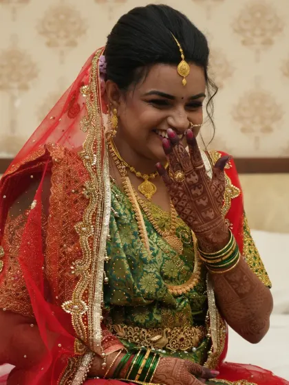 A happy, candid moment. This photo shows how the makeup looks natural and beautiful even when smiling and laughing, without appearing heavy or cakey.
