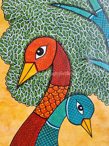 A close-up of the two peacocks, showing the detailed patterns on their bodies and the dense foliage of the tree. I used fine lines and cross-hatching to create texture and depth in this Gond-inspired piece.
