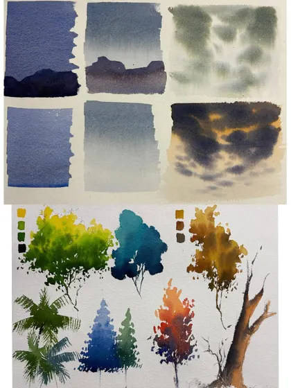 A composite image of various watercolor studies, including skies, clouds, and different types of trees.