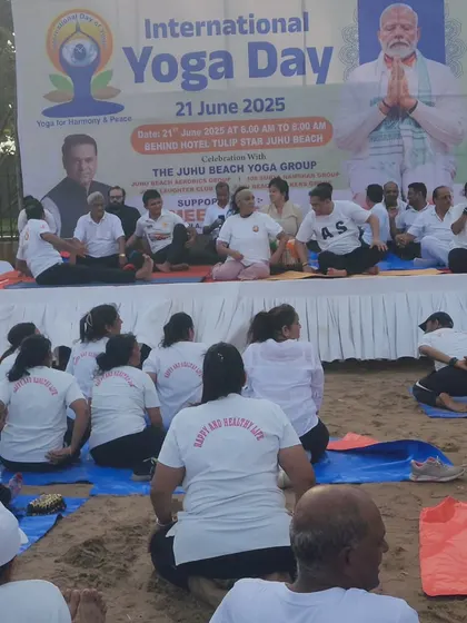 A wide view of the large gathering at Juhu Beach for our group yoga and meditation session. It is always powerful to see so many people come together to find peace and wellness through the combined energy of yoga and rhythmic sound.