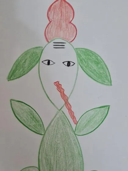 A child's drawing of Ganesha using geometric shapes learned in the classroom. This shows how learning is integrated across different subjects, from math to art.