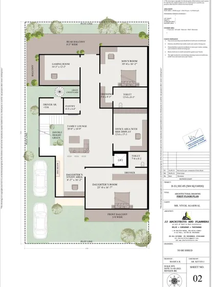 The first-floor plan for a 264 sq. yard residential duplex in Faridabad. This level includes a family lounge, multiple bedrooms, and a dedicated office area, all planned for comfort and privacy.