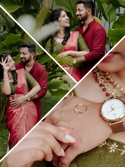 A dynamic collage from a couple's photoshoot, highlighting romantic interactions and close-up details like their rings and watches.